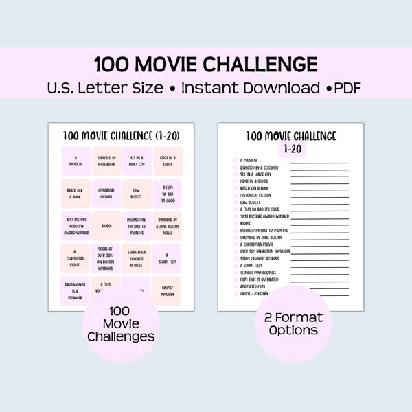 Printable movie challenge game, film tracker log, 100 movies, instant pdf download, fun and affordable gift for film lovers