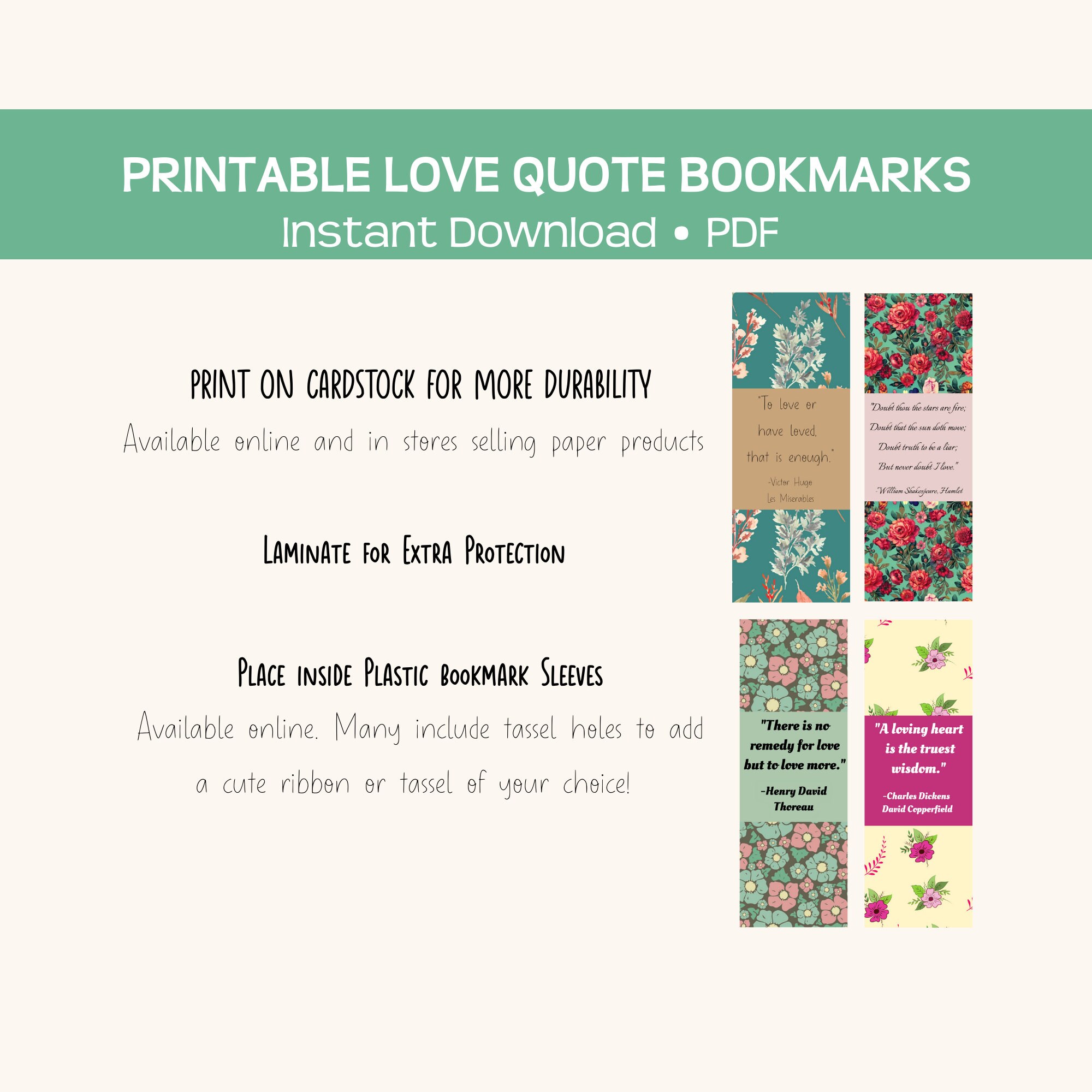 Love Quote Printable Bookmarks, Instant Pdf Download, Literary ...