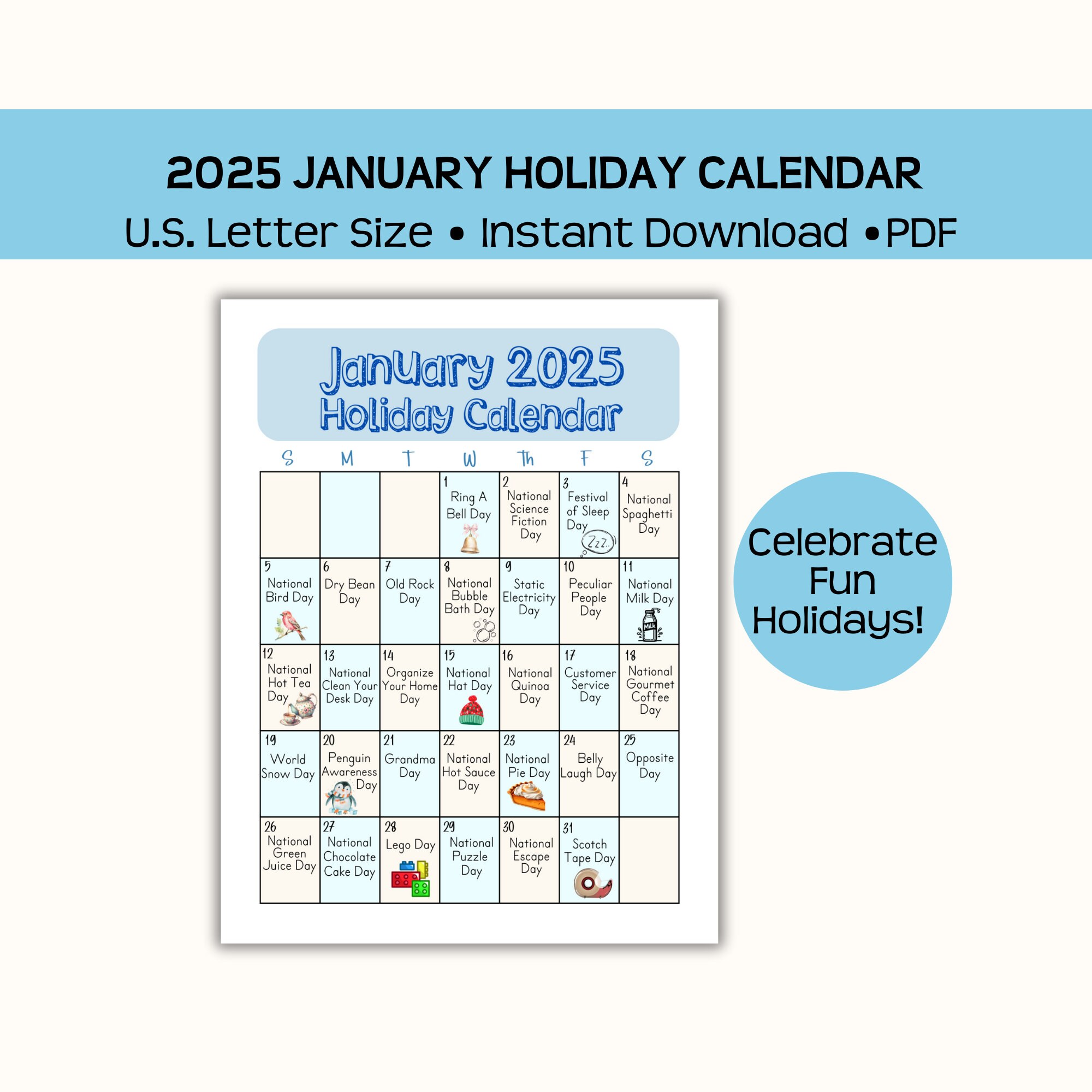 Printable January 2025 Holiday Calendar Page, Fun and Wacky Holidays, National Holidays, Pdf Download, Great for School, Home, or Work - Etsy