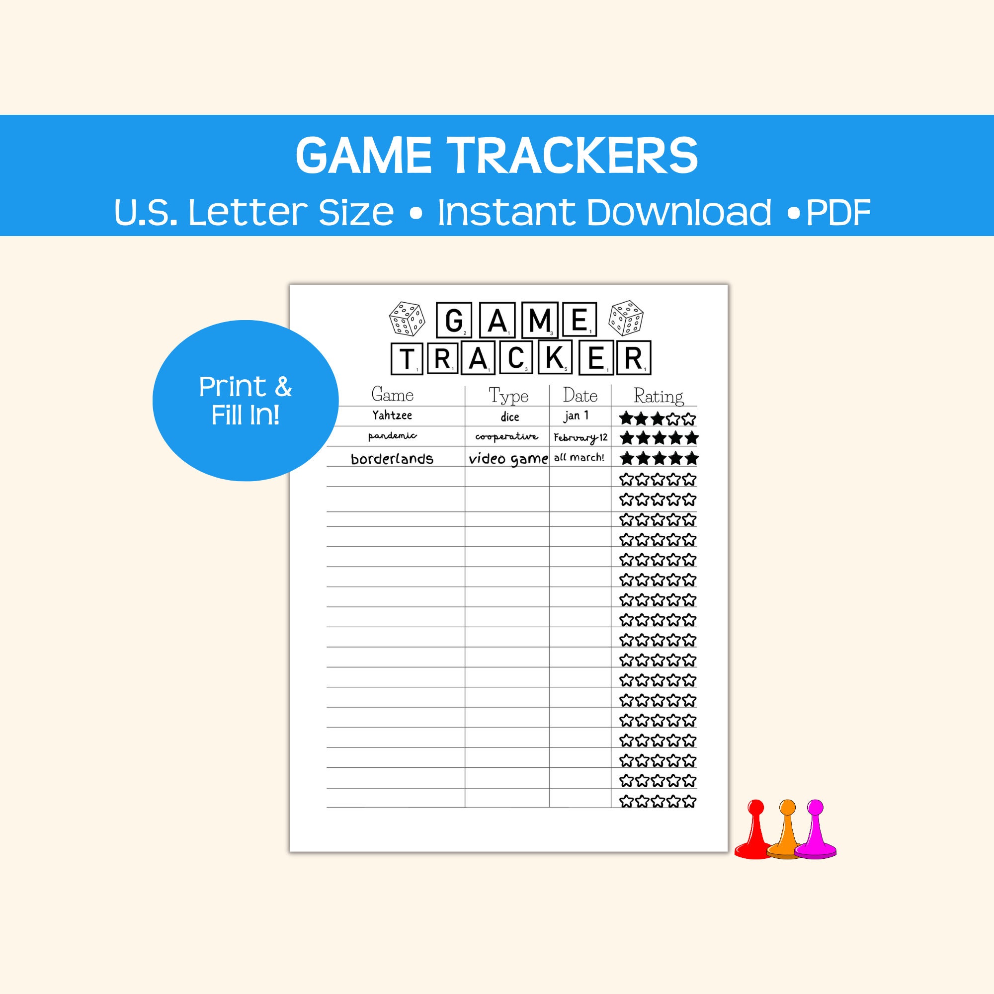 Printable Game Tracker, Log and Rate Board Games, Video Games, and More, Instant Pdf Download Etsy