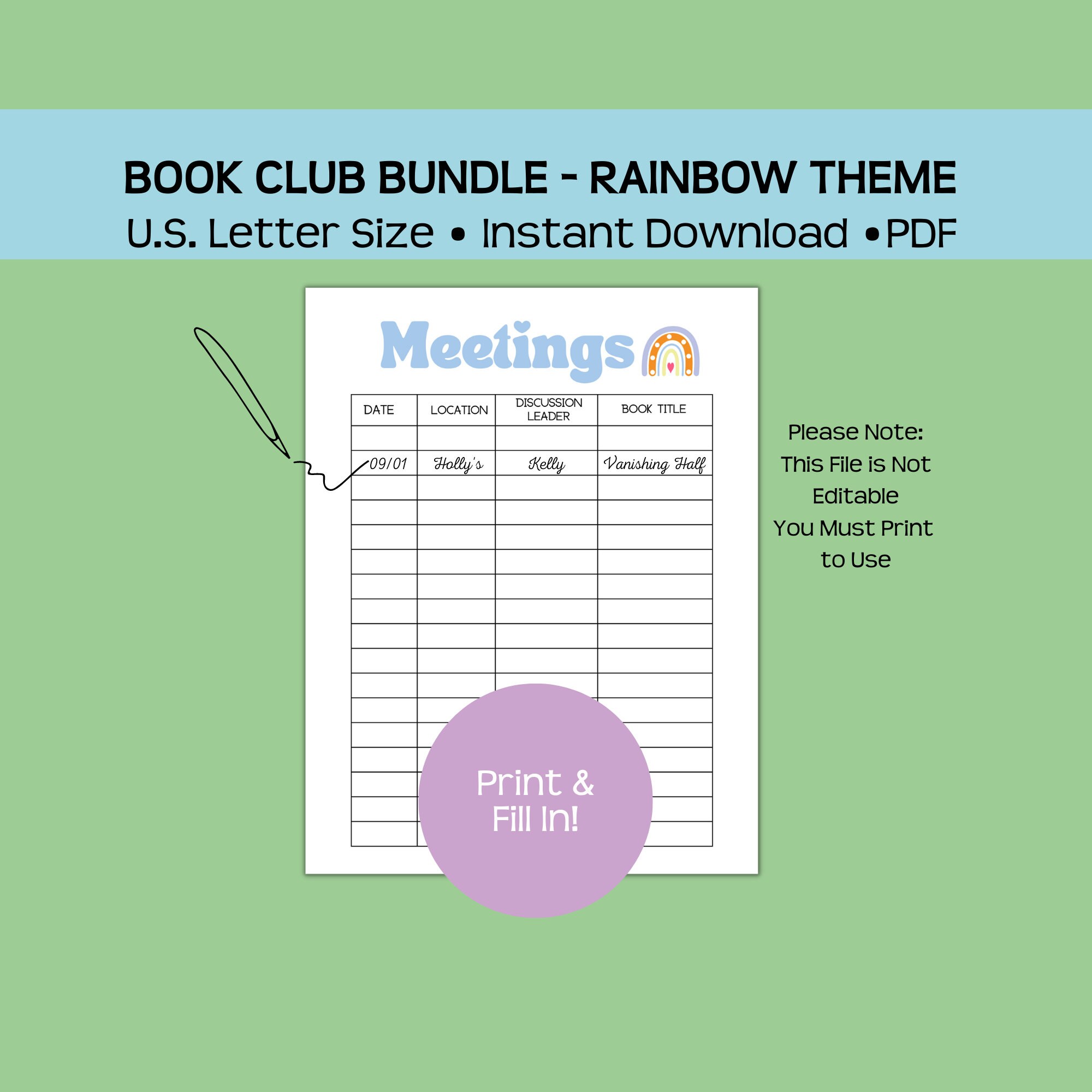 Printable Book Club Planning Bundle, Rainbow Theme, Instant Pdf ...