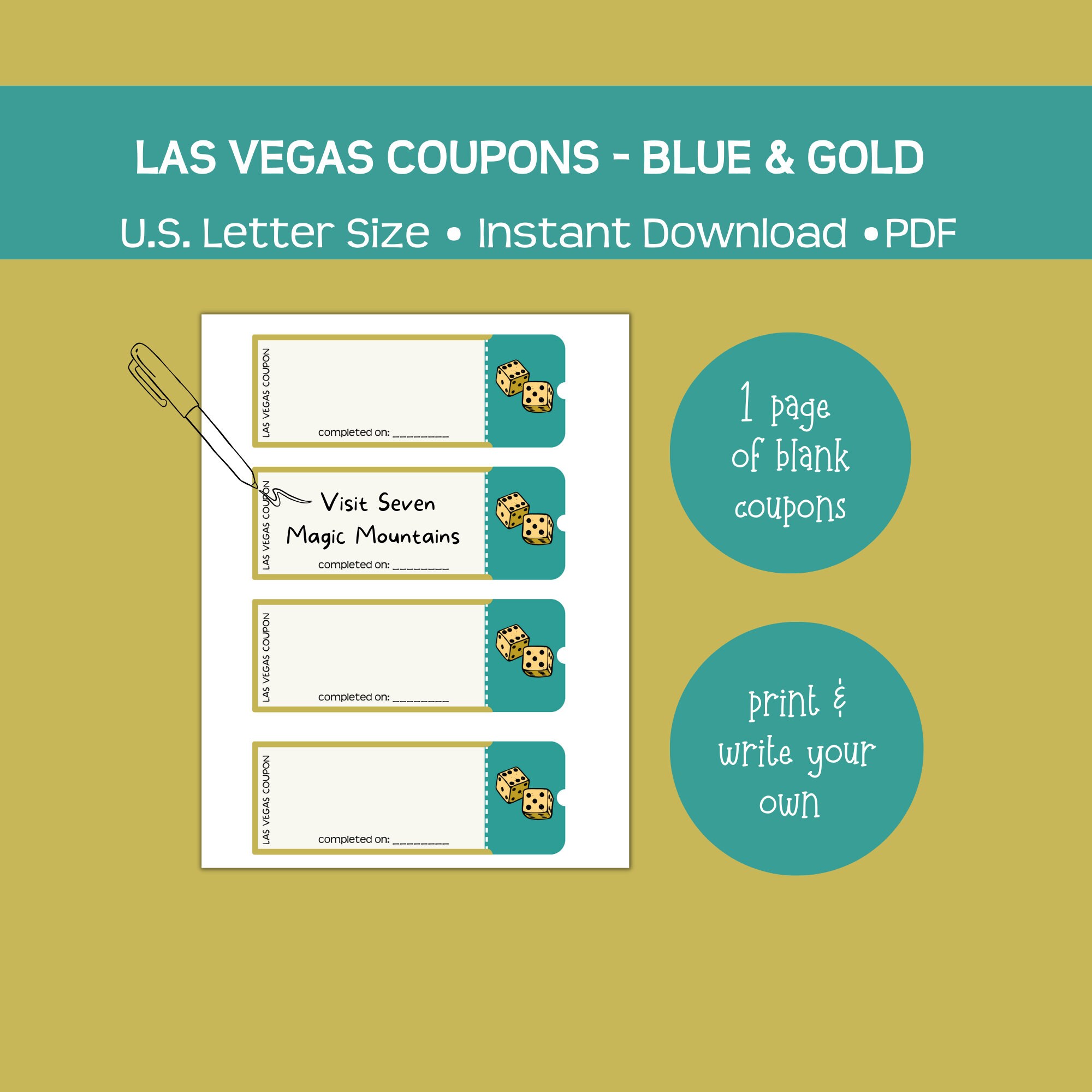 Printable Las Vegas Coupons Blue and Gold Fun and Affordable - Etsy Denmark