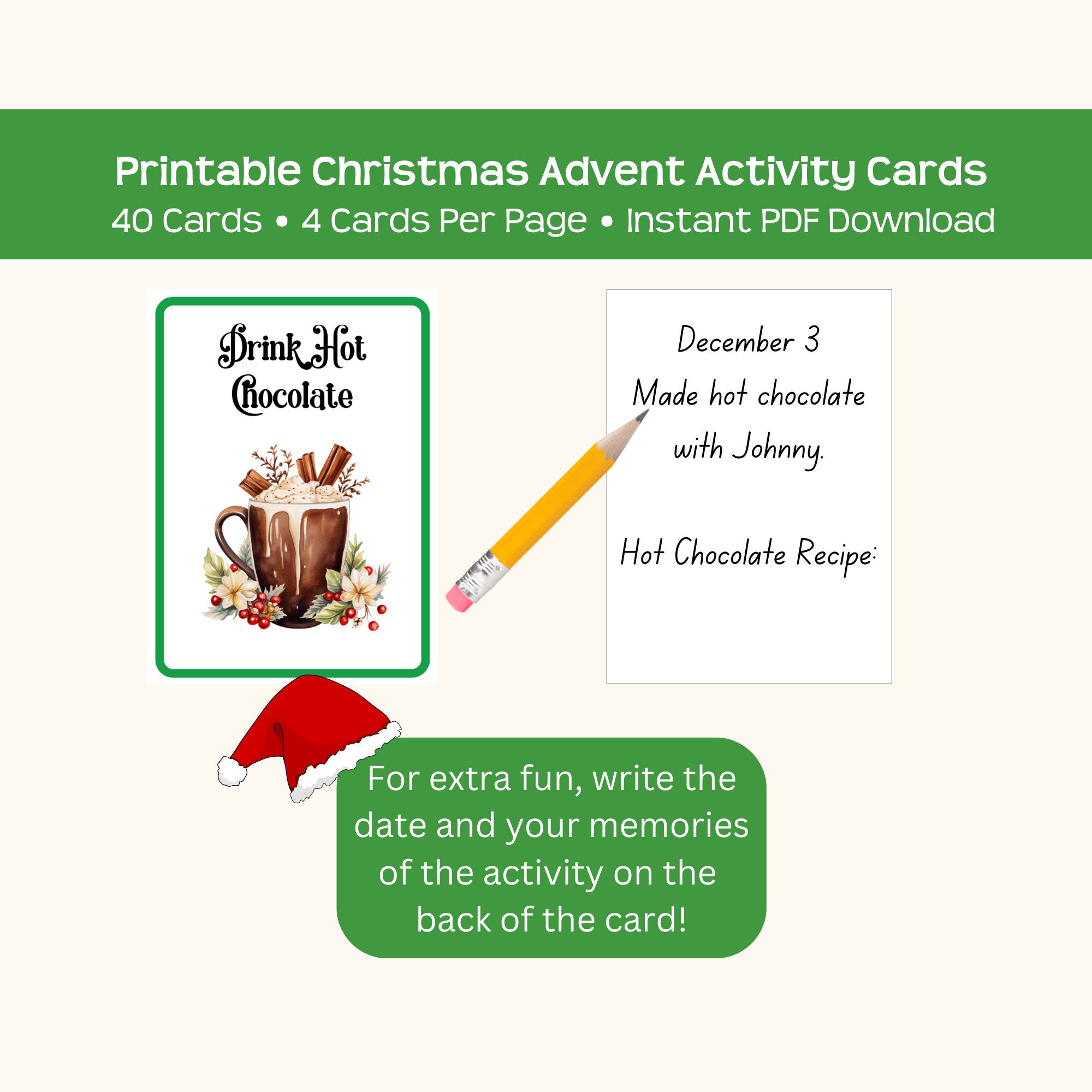 Printable Christmas Advent Activity Cards, 40 Cards, Four Cards per ...