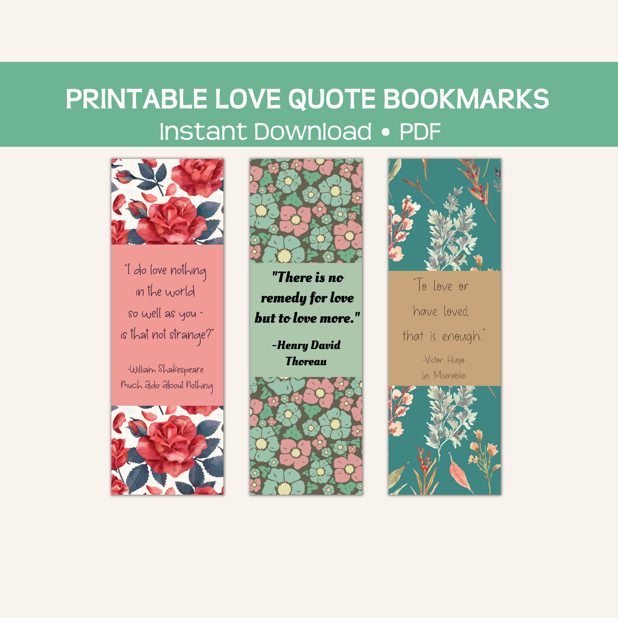 Love Quote Printable Bookmarks, Instant Pdf Download, Literary ...