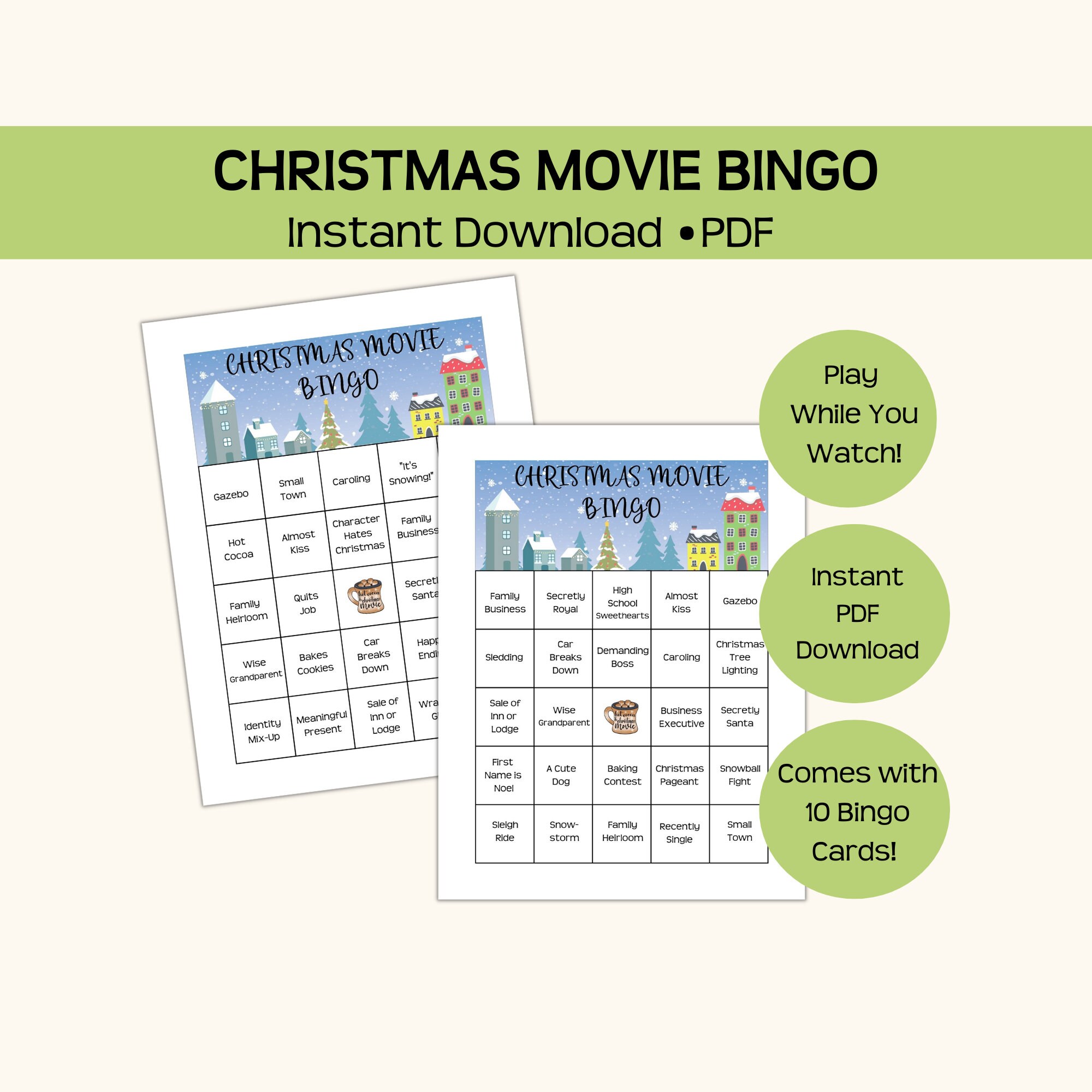 Printable Christmas movie bingo, holiday game for movie lovers, fun for the whole family, lovable tropes and cliches, 10 bingo cards, PDF
