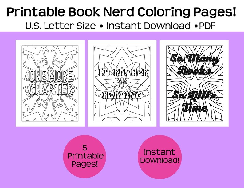 Book Nerd Coloring Pages Adult Coloring Sheets Instant PDF Etsy