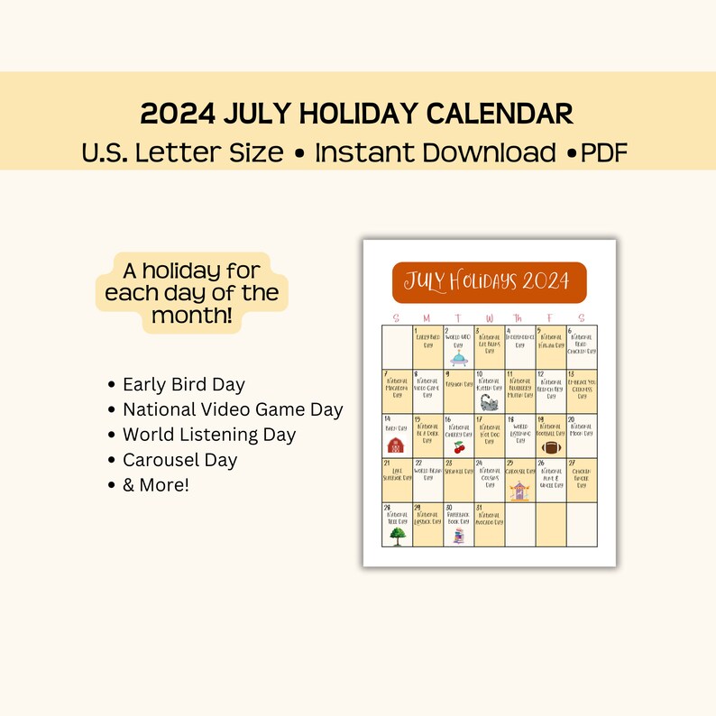 Printable July 2024 Holiday Calendar, Fun, Wacky, and National Holidays