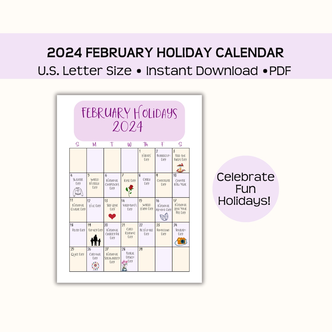 Printable February 2024 Holiday Calendar, Instant Pdf Download, Fun and  Wacky National and Global Holidays, Monthly Calendar - Etsy Denmark