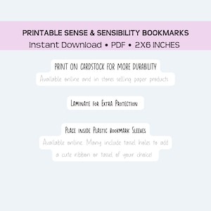 Printable Sense and Sensibility Bookmarks, Jane Austen, Gift for Book ...