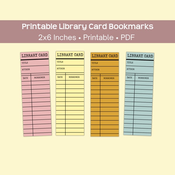 Printable library card bookmarks, gift for library lovers and bookworms, instant pdf download, print, cut, and use! Four color options!