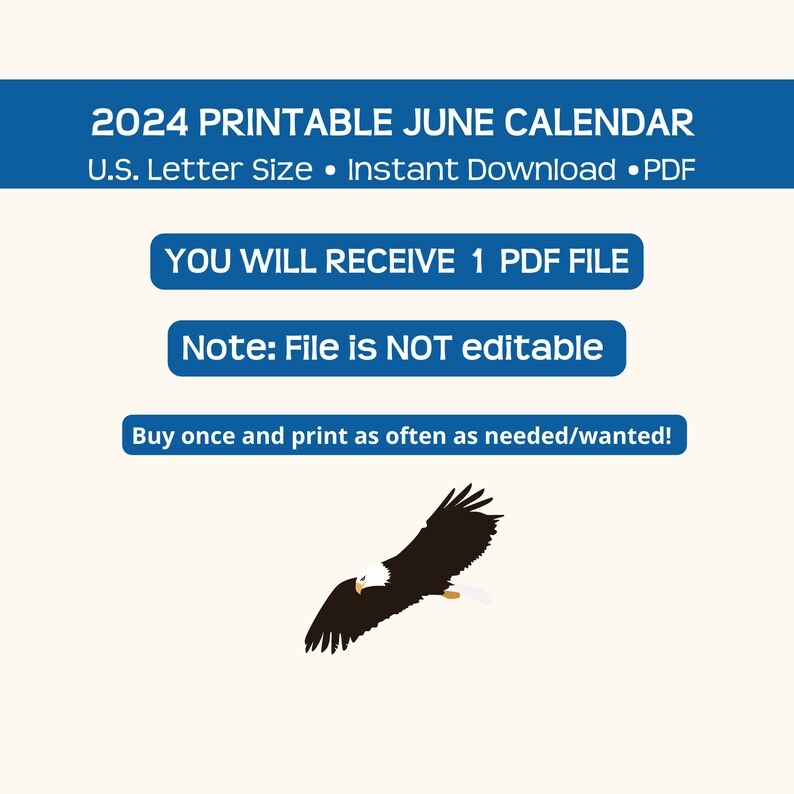July 2024 Printable Calendar, Eagle Birth Month Bird Theme, Instant Pdf