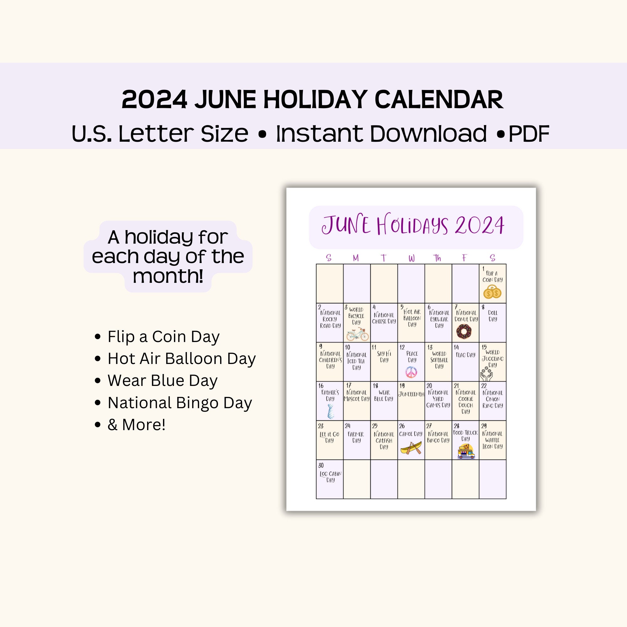 Printable June 2024 Holiday Calendar, Fun, Wacky, and National Holidays