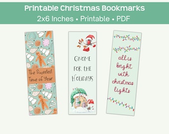 Christmas bookmark printable, &quot;the sweetest time of the year,&quot; &quot;gnome for the holidays,&quot; &quot;all is bright with Christmas lights,&quot; PDF download