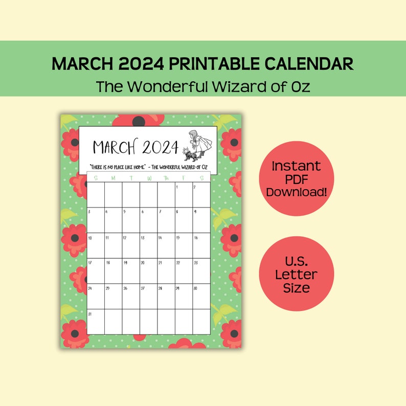 Printable March 2025 Calendar, Wonderful Wizard of Oz Theme, Instant