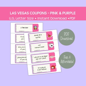 Las Vegas coupons, printable fun and affordable gift, instant download, great for bachelor and bachelorette parties, birthdays, group trips