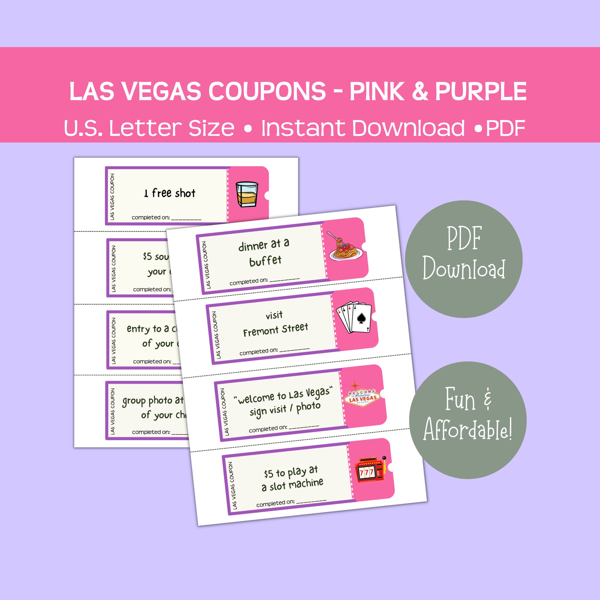 Printable Las Vegas Coupons Pink &amp; Purple Fun and Affordable - Etsy