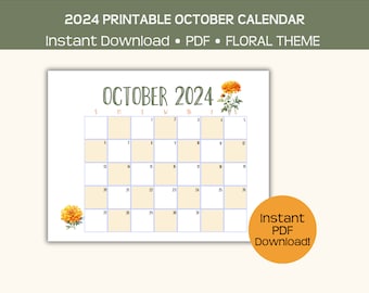 Página del calendario imprimible de octubre de 2024, flor del mes de nacimiento Caléndula, descarga instantánea en PDF, colgar en el refrigerador, llevar a la escuela o al trabajo.