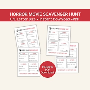 Juego de búsqueda del tesoro de películas de terror imprimible, para amantes de las películas de terror, descarga instantánea en PDF, divertido y asequible, 4 tarjetas de juego