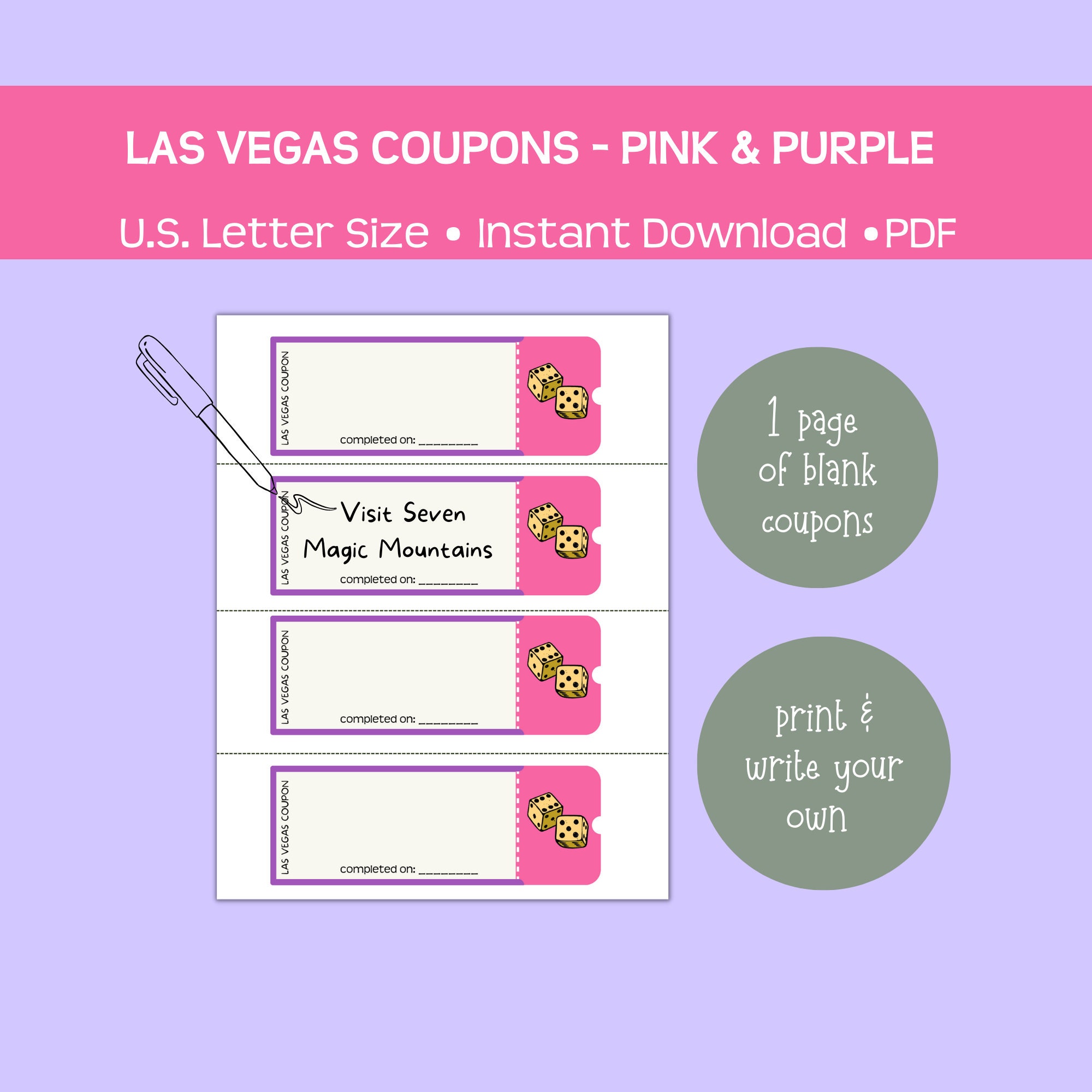 Printable Las Vegas Coupons, Pink &amp; Purple, Fun and Affordable Gift ...