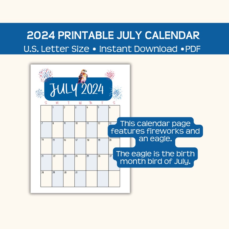 July 2024 Printable Calendar, Eagle Birth Month Bird Theme, Instant Pdf