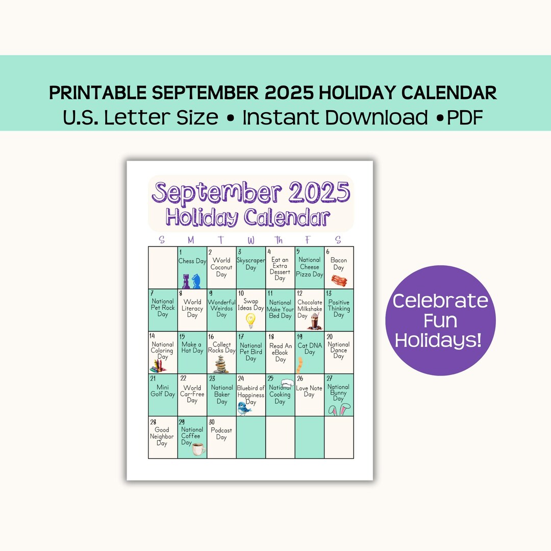 September 2025 holiday calendar: fun wacky holidays (pdf download) - etsy  israel