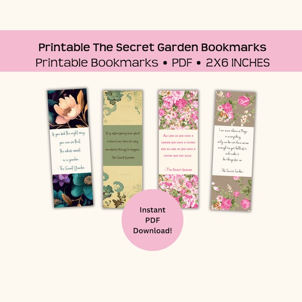 Printable "The Secret Garden" bookmarks, quotes from the Frances Hodgson Burnett novel, instant pdf download, affordable gift for book lover