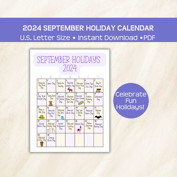 Calendrier des vacances de septembre 2024, page pdf imprimable, vacances amusantes et délirantes, idéales pour le travail, l'école ou le réfrigérateur ! Téléchargement instantané