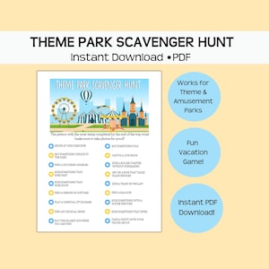 Theme park scavenger hunt printable game, amusement park photo treasure hunt, PDF download, fun activities and challenges for rides and food