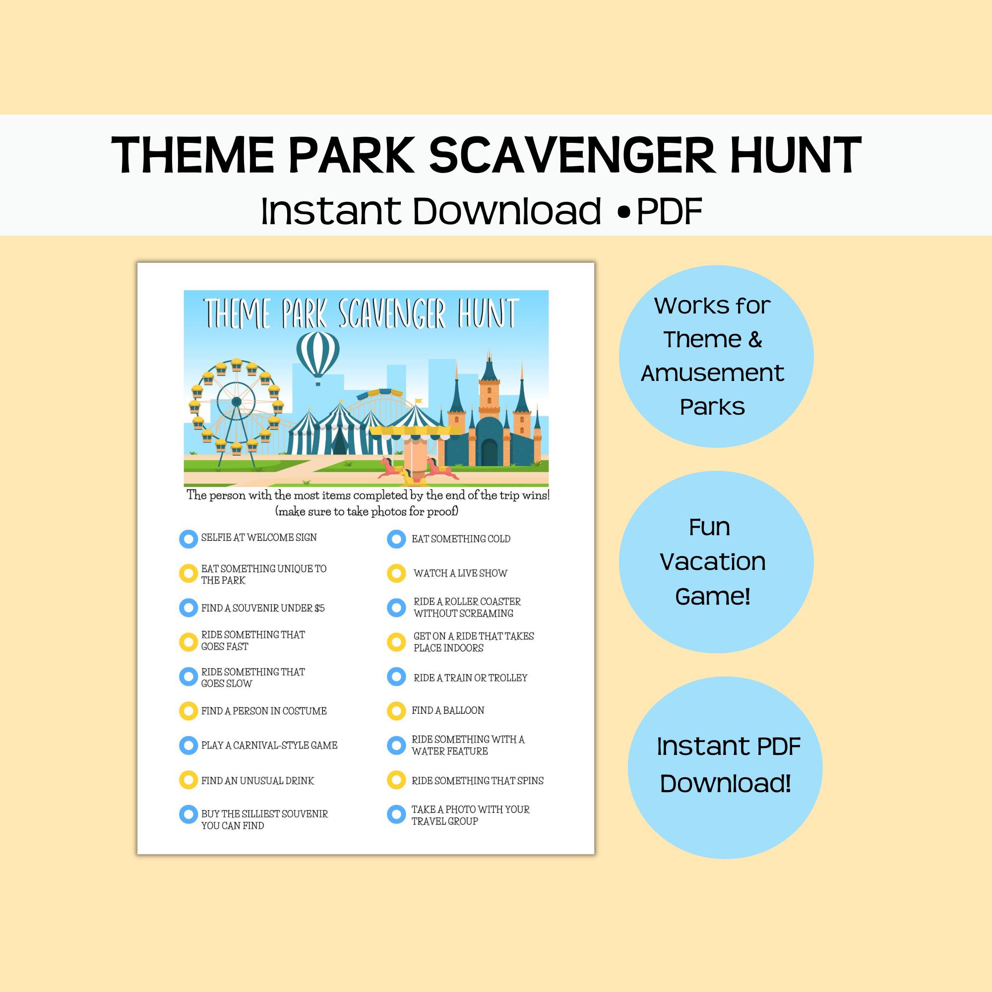 Theme park scavenger hunt printable game, amusement park photo treasure hunt, PDF download, fun activities and challenges for rides and food