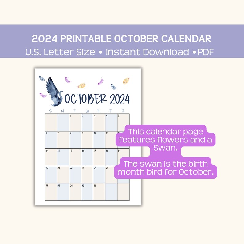 October 2024 Printable Calendar, Swan Birth Month Bird, Instant