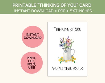 Printable Thinking of You card, floral design, instant pdf download, print, cut, and fold, easy and affordable