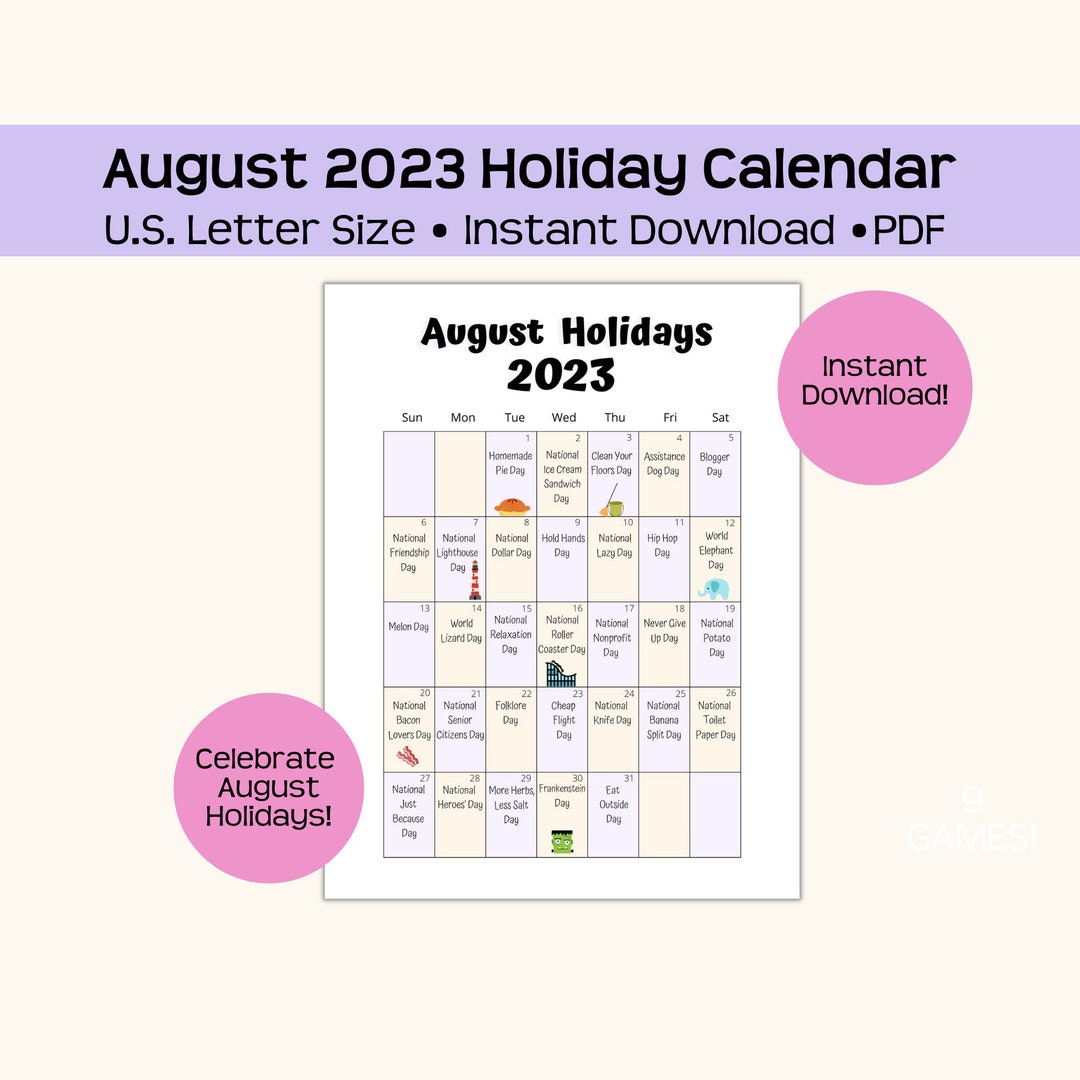 August 2023 Printable Holiday Calendar Fun and Wacky Etsy Hong Kong