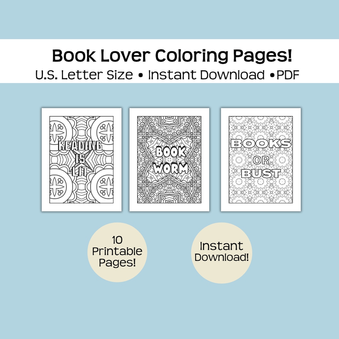 Printable Book Lover Coloring Pages, 10 Sheets, Instant Pdf Download, Print and Start Using ...