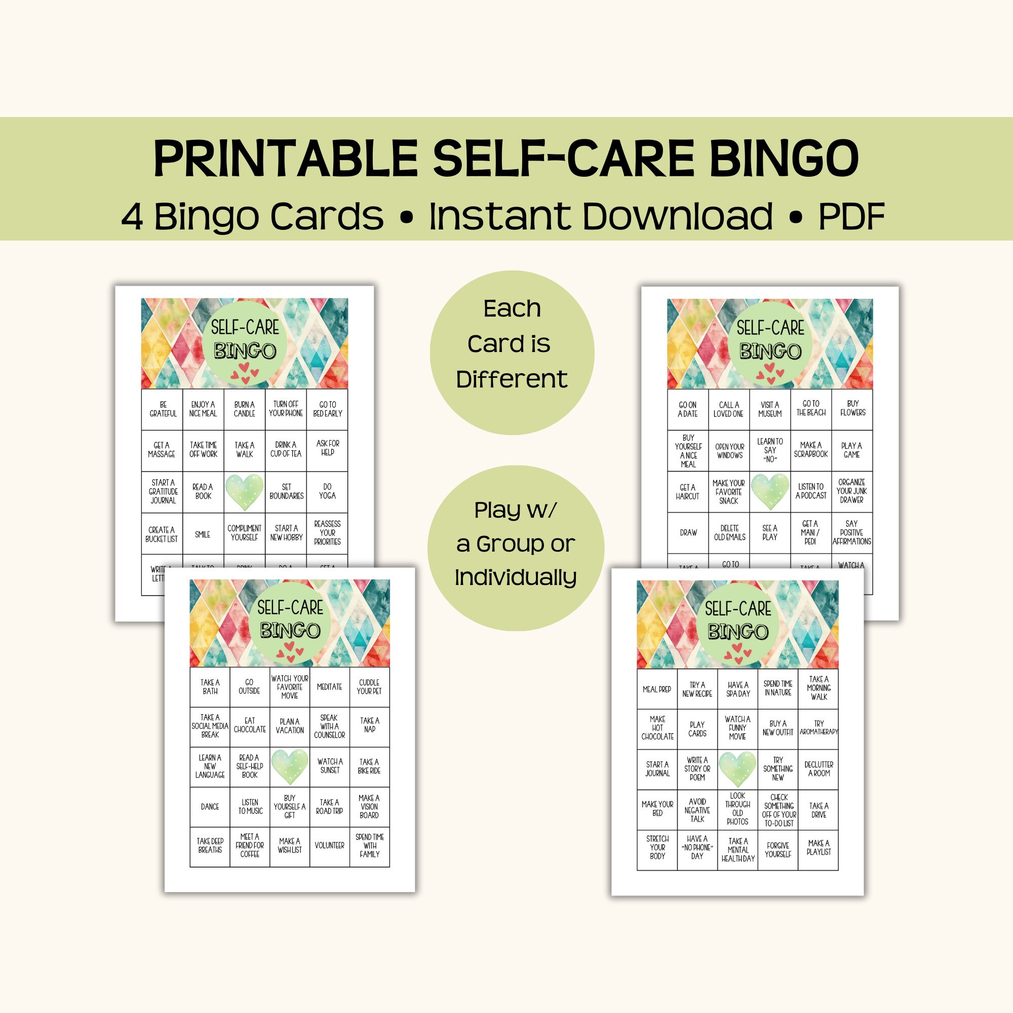 Printable self care bingo game four bingo cards pdf download play