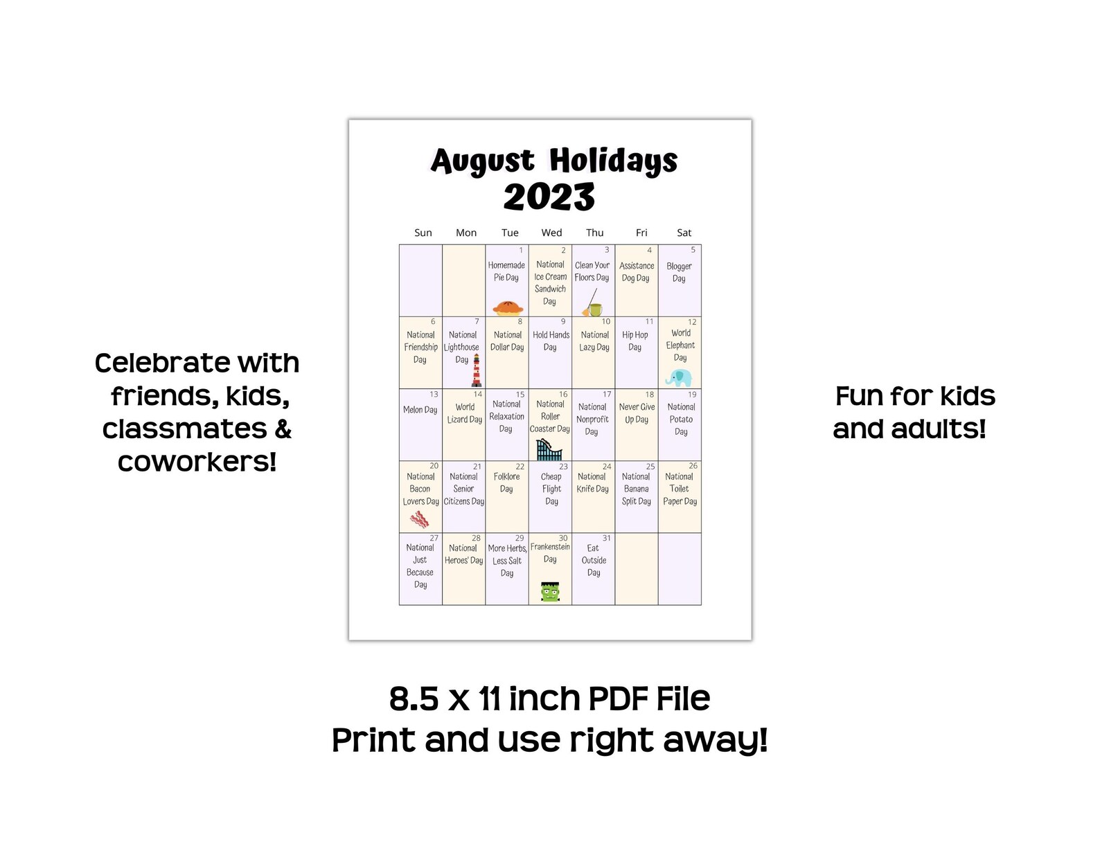 August 2023 Printable Holiday Calendar Fun and Wacky - Etsy Hong Kong