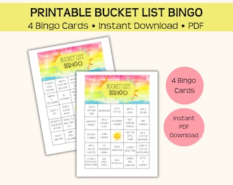 Bucket List Bingo printable game, 4 bingo cards, life goals, to-do list, adventures, travel, dream big challenge, pdf downloa