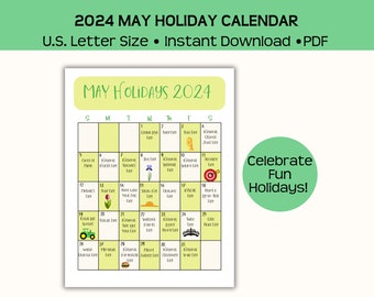 Printable May 2024 holiday calendar, instant pdf download, fun and wacky holidays, monthly calendar, great for work, school, and home!