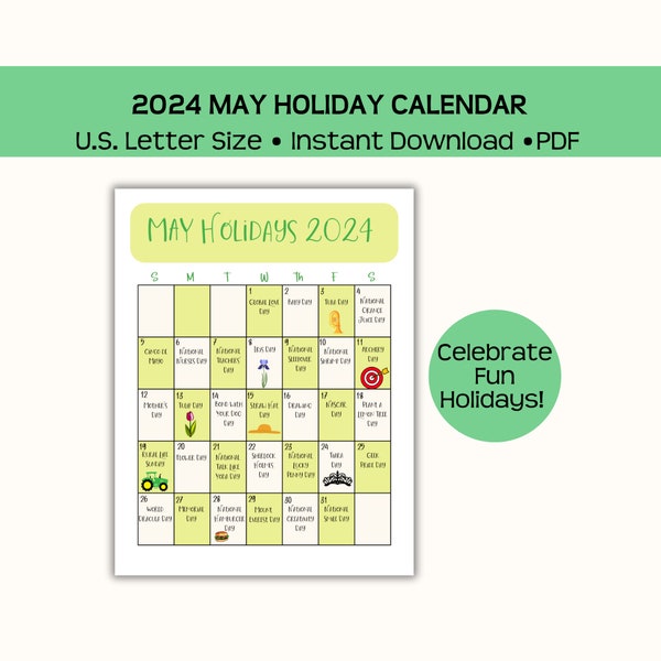 Printable May 2024 holiday calendar, instant pdf download, fun and wacky holidays, monthly calendar, great for work, school, and home!