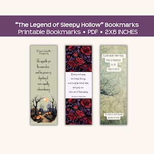 Sleepy Hollow printable bookmarks, literary quotes from the gothic horror story, bookish gift, ghost stories, Ichabod Crane Halloween