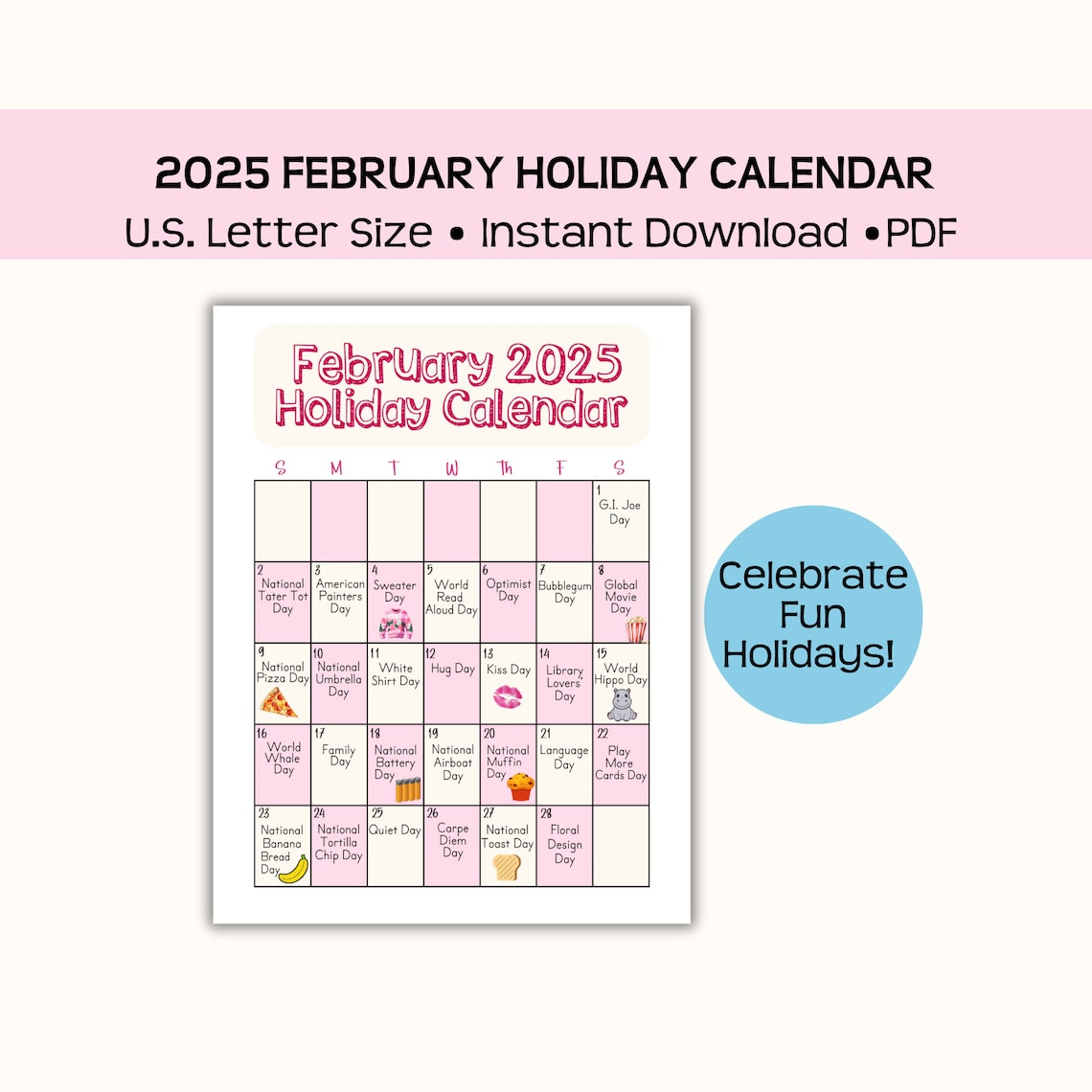 Printable February 2025 Holiday Calendar Page, Fun and Wacky Holidays, National Holidays, Great