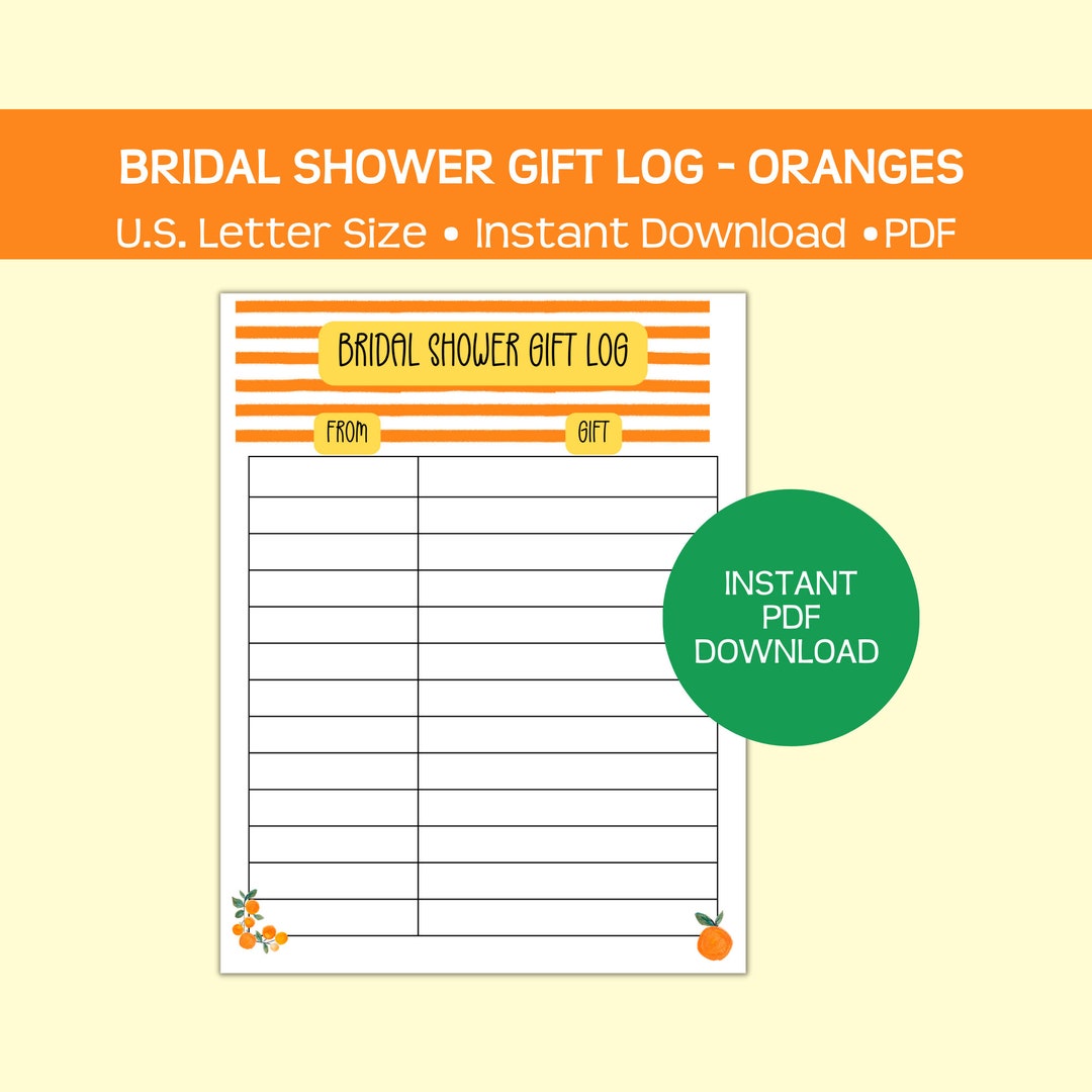 Printable Orange Bridal Shower Gift Log, Keep Track of Presents
