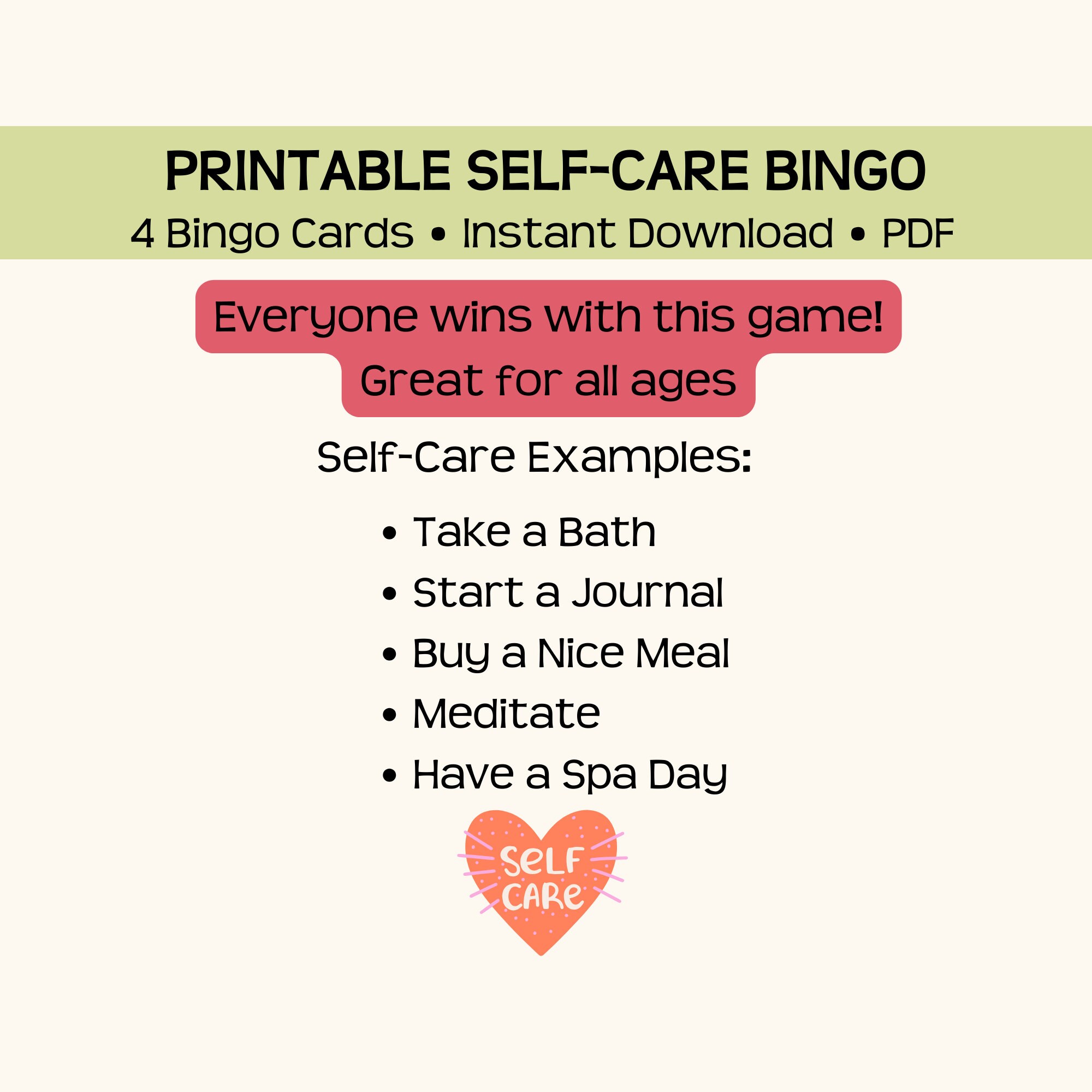 Printable self care bingo game four bingo cards pdf download play