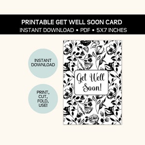 Carte de rétablissement imprimable, noir et blanc, motif floral, téléchargement pdf instantané, impression, découpe et pliage