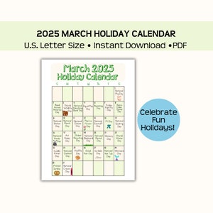Free Printable March 2025 Calendar With Holidays Etsy UK