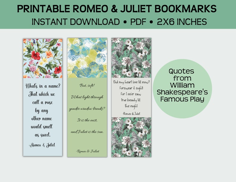 Romeo and Juliet Printable Bookmarks William Shakespeare - Etsy