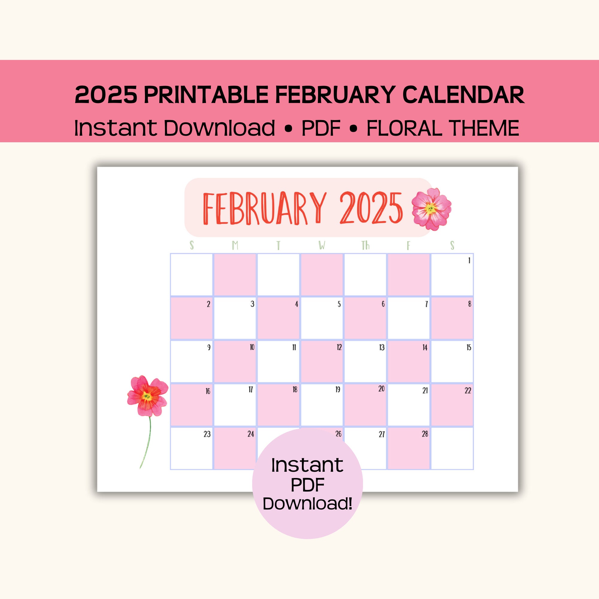 Printable February 2025 Calendar Page, Primrose Birth Month Flower
