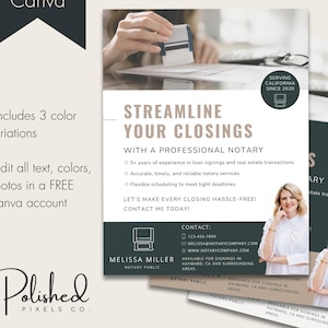以下が含まれることがあります： グリーンとブラウンのチラシに「Streamline Your Closings」と「With a Professional Notary」のテキストが書かれています。チラシには「Serving California Since 2020」のテキストと、メリッサ・ミラー公証人の電話番号とウェブサイトアドレスも記載されています。