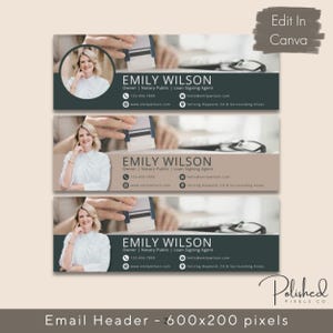 May include: Three email header templates with a woman's headshot in a circle, text that reads "EMILY WILSON", and contact information. The templates have a green, brown, and gray color scheme.