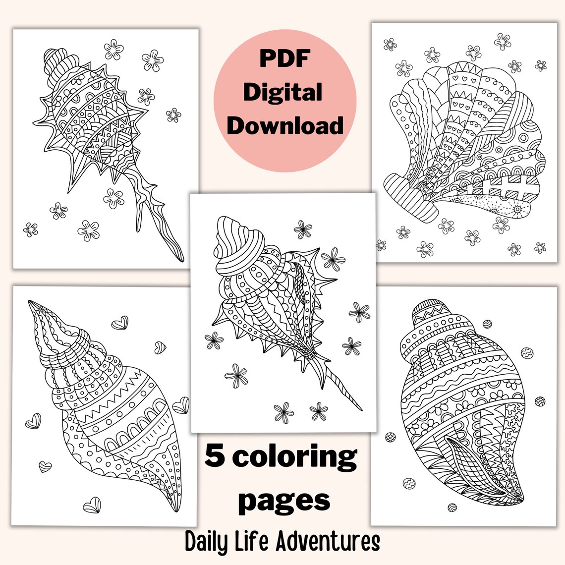Seashell Coloring Pages, Printable Coloring Pages, Adult Coloring Pages - Etsy