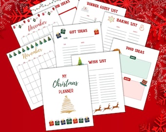 May include: A printable Christmas planner with a gold Christmas tree design. The planner includes pages for a wish list, gift ideas, food ideas, a baking list, a dinner guest list, and monthly calendars for November and December.